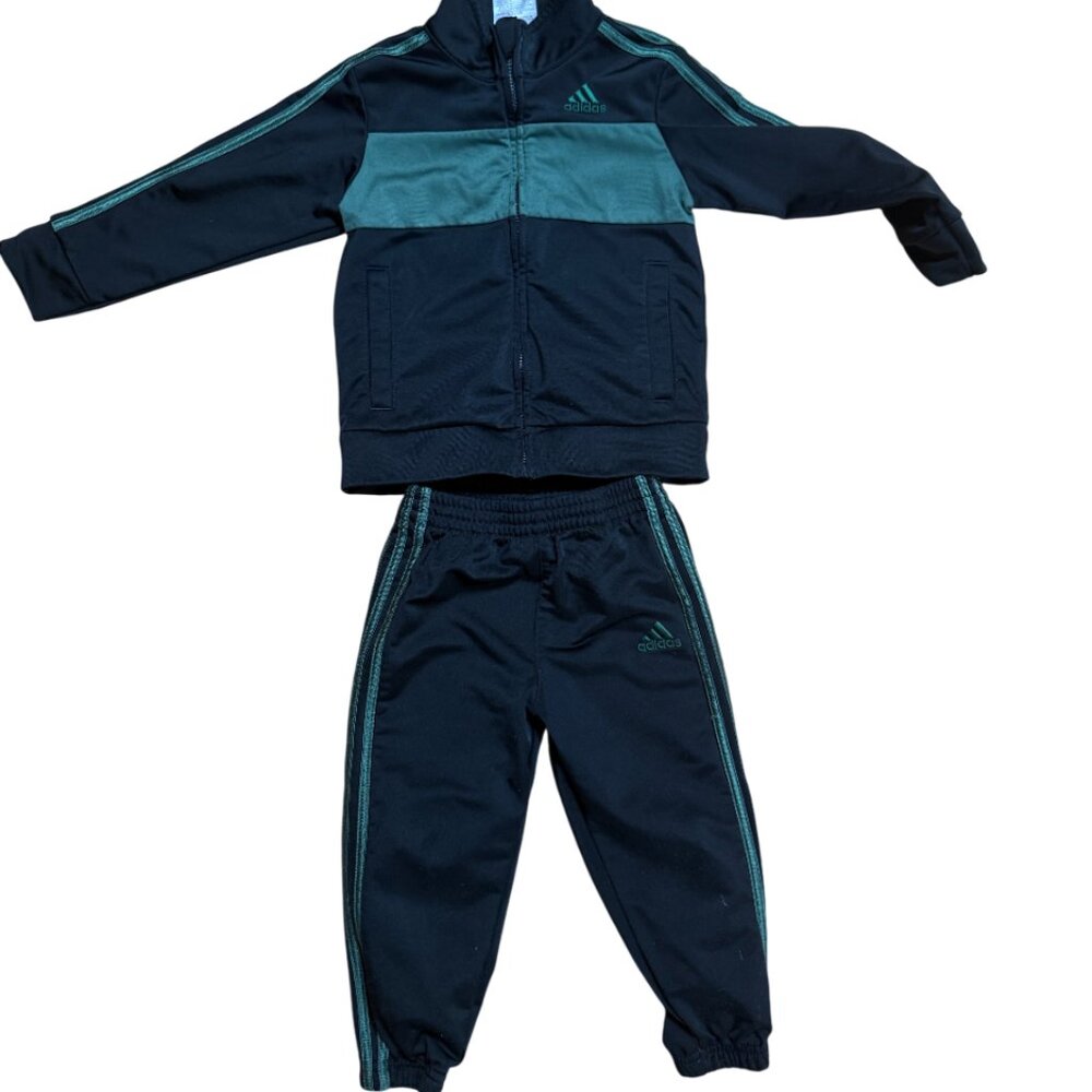 KIDS UNISEX BOYS GIRL BLACK & GREEN ADIDAS TRACKSUIT SET SIZE 24MONTHS/ 2YO